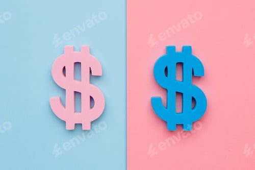 Preview: American dollar symbol on blue and pink background, minimal flatlay