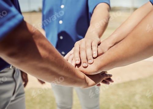 Preview: Teamwork, support and hands of baseball player for motivation in sports, goals and winner mindset.