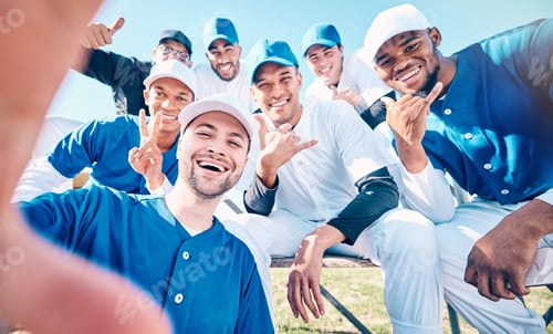 Preview: Sports, baseball and selfie with men on field for training, social media and competition match. Con