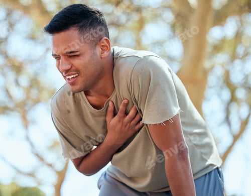 Preview: Man, runner and heart attack pain in nature while running outdoors for health or wellness. Sports,