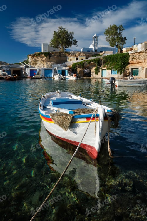 Preview: Fishing boats in harbour in fishing village of Mandrakia, Milos island, Greece