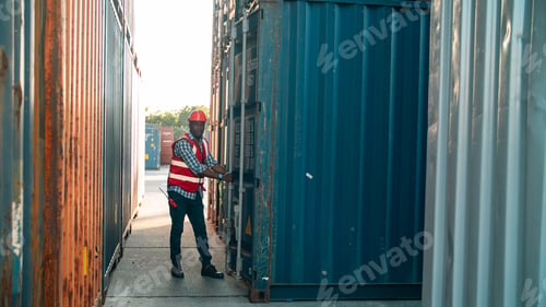 Preview: Worker safety vest hard hat shipping container logistics transportation outdoor warehouse