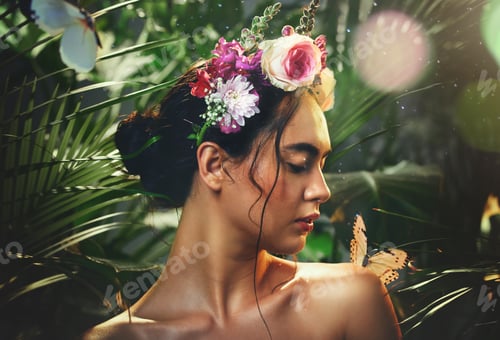 Preview: Beauty, butterfly and woman with flowers crown for sensitive glowing skin, natural cosmetics or lux