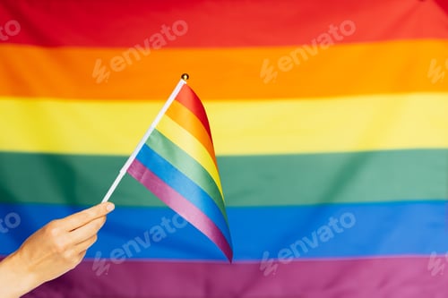 Vorschau: Frau hält Regenbogenflagge auf hellem Hintergrund mit Kopierraum