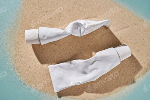 Preview: Two tubes of cream on the sand.