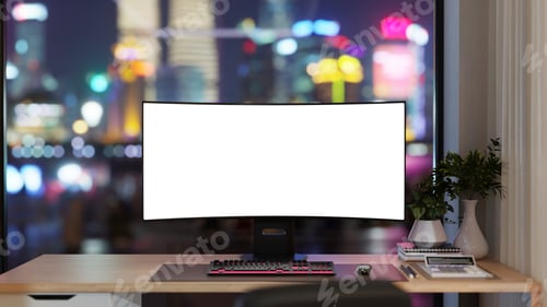 Preview: Blank screen computer with calculator and notebook on wooden desk in glass wall room with city light