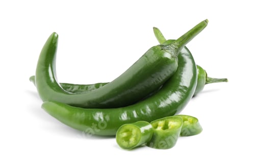 Preview: Cut and whole green hot chili peppers on white background