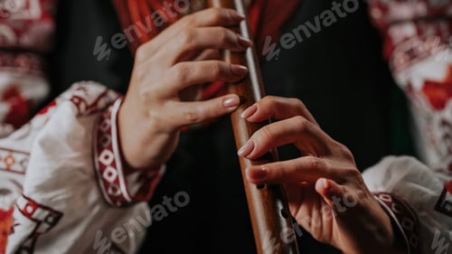 Preview: Hands of woman playing on woodwind wooden flute - ukrainian sopilka on dark background