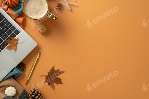 Preview: Freelance work in autumn concept. Top view photo of laptop, pen, a cup of coffee