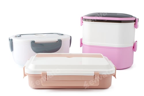 Preview: Close up of food containers isolated on white background.