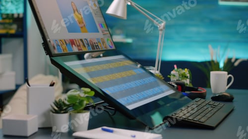 Preview: Close up of retouching app on computer in empty studio