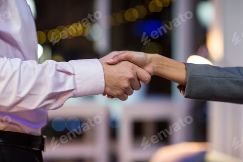 Preview: Close-Up Of Businesspeople Shaking Hands In Office At Night