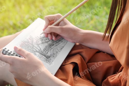 Preview: Young woman drawing with pencil in notepad outdoors on sunny day, closeup