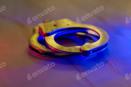 Preview: Flashing red and blue police lights of handcuffs police