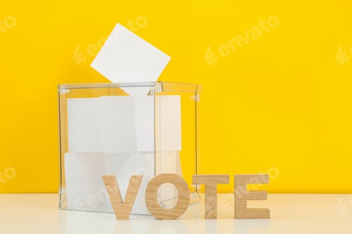 Preview: Voting box with bulletins and text Vote on yellow background, space for text