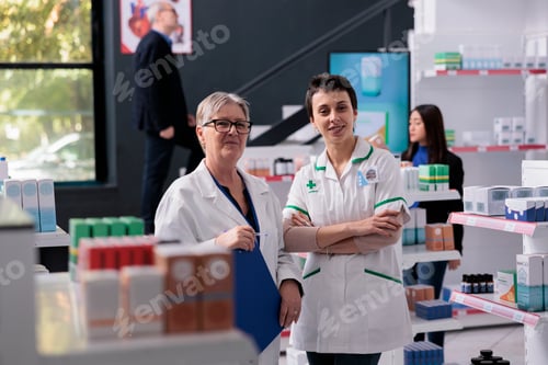 Preview: Two smiling pharmaceutical employees standing in drugstore aisle portrait