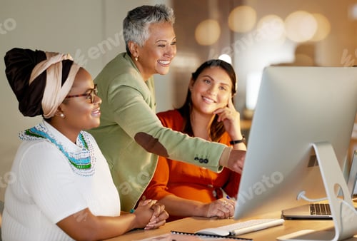 Preview: Computer, team and manager working with women for research for a corporate project in the office. M