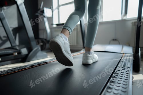 Preview: Close-Up View Of A Young Womans Feet Running On A Treadmill In A Gym