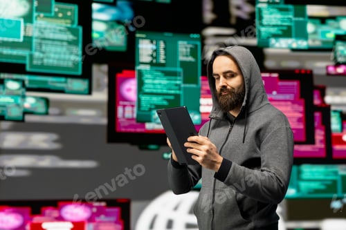 Preview: Hacker typing malicious code to exploit IT security systems and breach firewalls