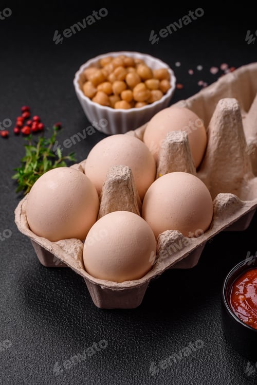 Preview: Raw chicken eggs in a box, cherry tomatoes, chickpeas, spices, salt and herbs
