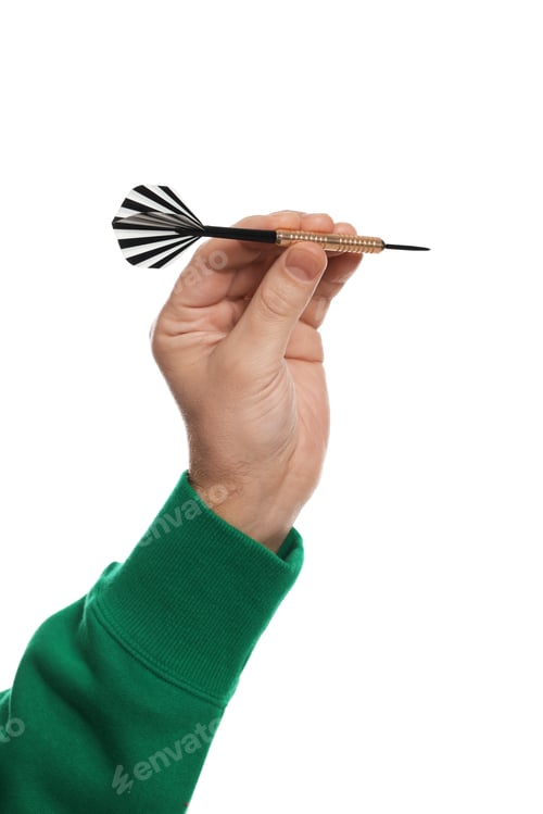 Preview: Targeting. Man with dart on white background, closeup