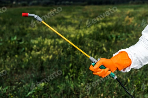 Preview: cropped view of exterminator in latex glove holding spray outside