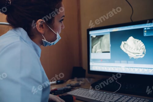 Preview: Female dentist looking at model of teeth on computer screen