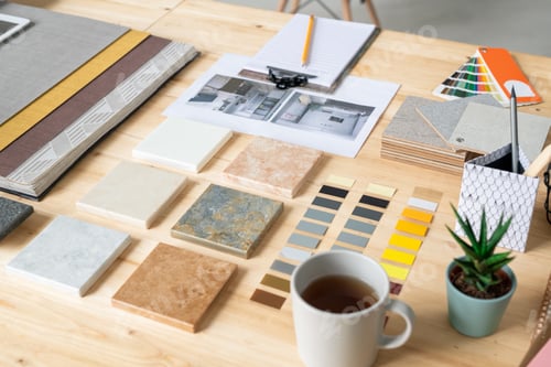 Preview: Marble tiles, wallpapers, color swatches, photos of home interior etc on desk