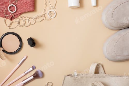 Preview: Flat lay women's shoes, bag and cosmetics with copy space. Shopping, fashion blog concept. Top view