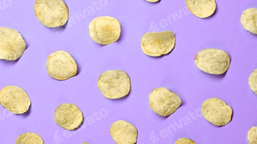 Preview: Potato chips flying in air cutout. Vegan beer snack on pink. Crispy veggie chip, falling creative co