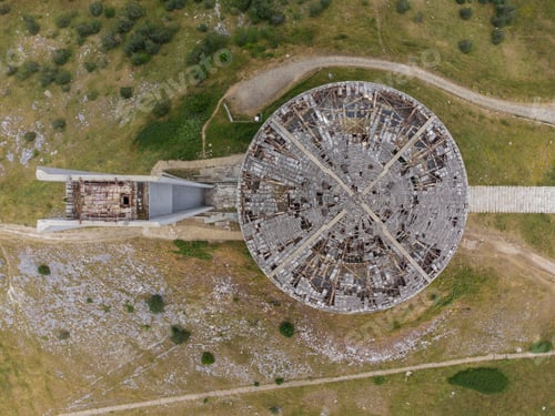 Preview: Aerial view of an abandoned soviet monument Buzludzha made in the style of brutalism, Bulgaria