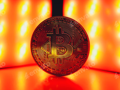 Preview: A coin with bitcoin symbol on red light. Concept of a cryptocurrency market crisis.