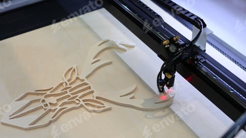 Preview: Laser CNC cutting wood. Modern machine industrial technology.