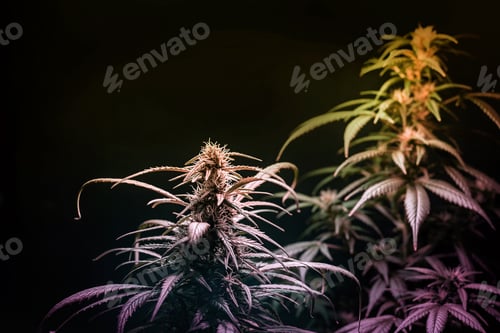 Preview: Medical Marijuana plants forming flower buds grown under Purple Uv light against black background
