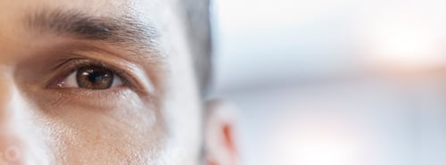 Preview: Closeup eye, portrait and a man with mockup for vision, healthcare and banner of contact lens. Focu