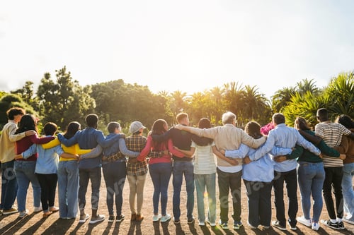 Preview: Group of multigenerational people hugging each others - Support, multiracial and diversity concept
