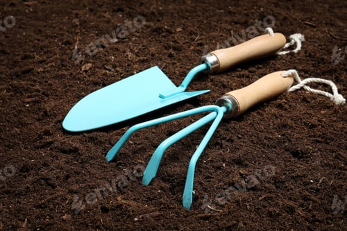 Preview: Metal gardening trowel and rake on fertile soil