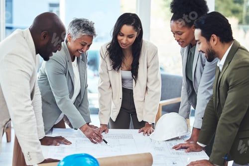 Preview: Architecture, engineering and people in meeting with blueprint for planning, building and property