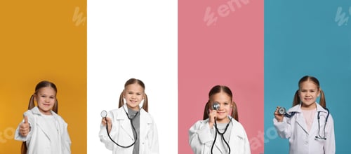 Preview: Cute child pretending to be doctor on colorful background, collage of photos