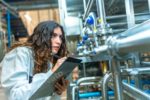 Preview: Woman inspecting industrial pipes in a food factory
