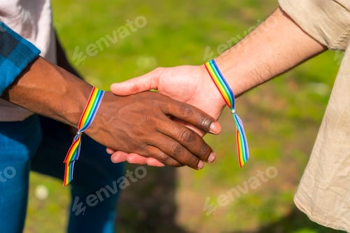Preview: Hands of a multiethnic gay male couple holding hands, lgbt concept