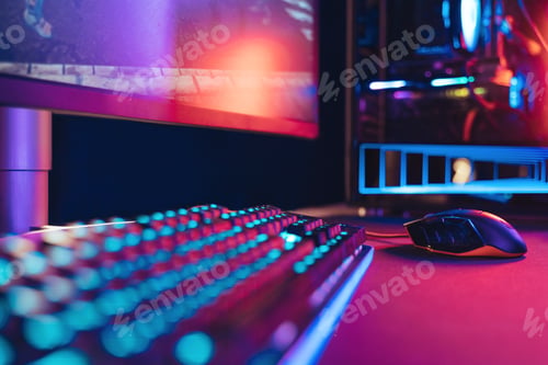 Preview: Pro Gaming desktop in neon colours closeup