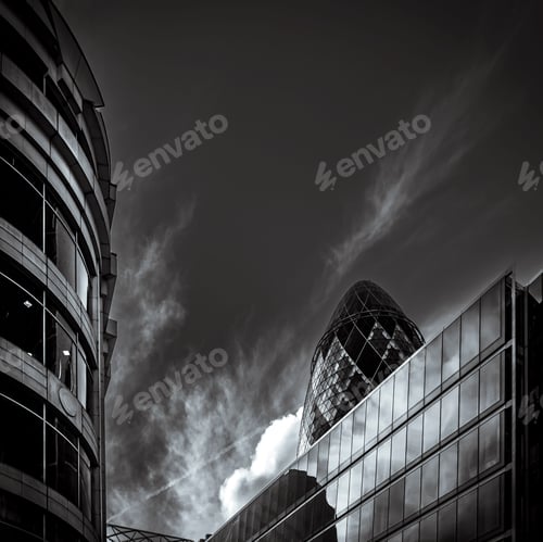 Preview: Grayscale shot of the cityscape of London, England with modern buildings