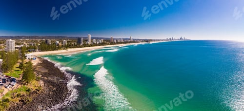 Preview: Aerial view of Burleigh Heads - a famous surfing beach suburb on