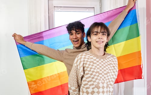 Preview: Happy gay couple with LGBT rainbow flag at home
