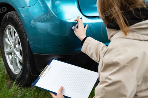 Preview: Person inspecting car bumper damage with clipboard outdoors.