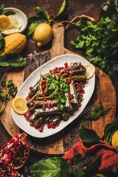 Preview: Turkish Sarma wine leaves filled with rice, spices with pomegranate