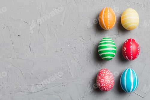 Preview: holiday preparation Multi colors Easter eggs on colored background . Pastel color Easter egg