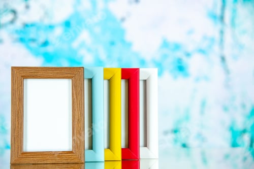 Preview: front view different picture frames with colored corners on a light blue background color picture