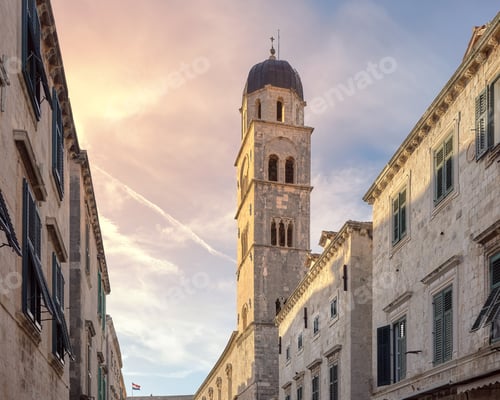 Preview: Franciscan Church tower in the old town of Dubrovnik at sunset, Croatia.
